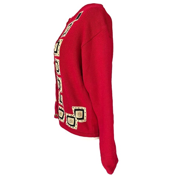 Vintage 90s Red, Black and Gold Geometric Lise J Holiday Style Cardigan Medium - Picture 3 of 6
